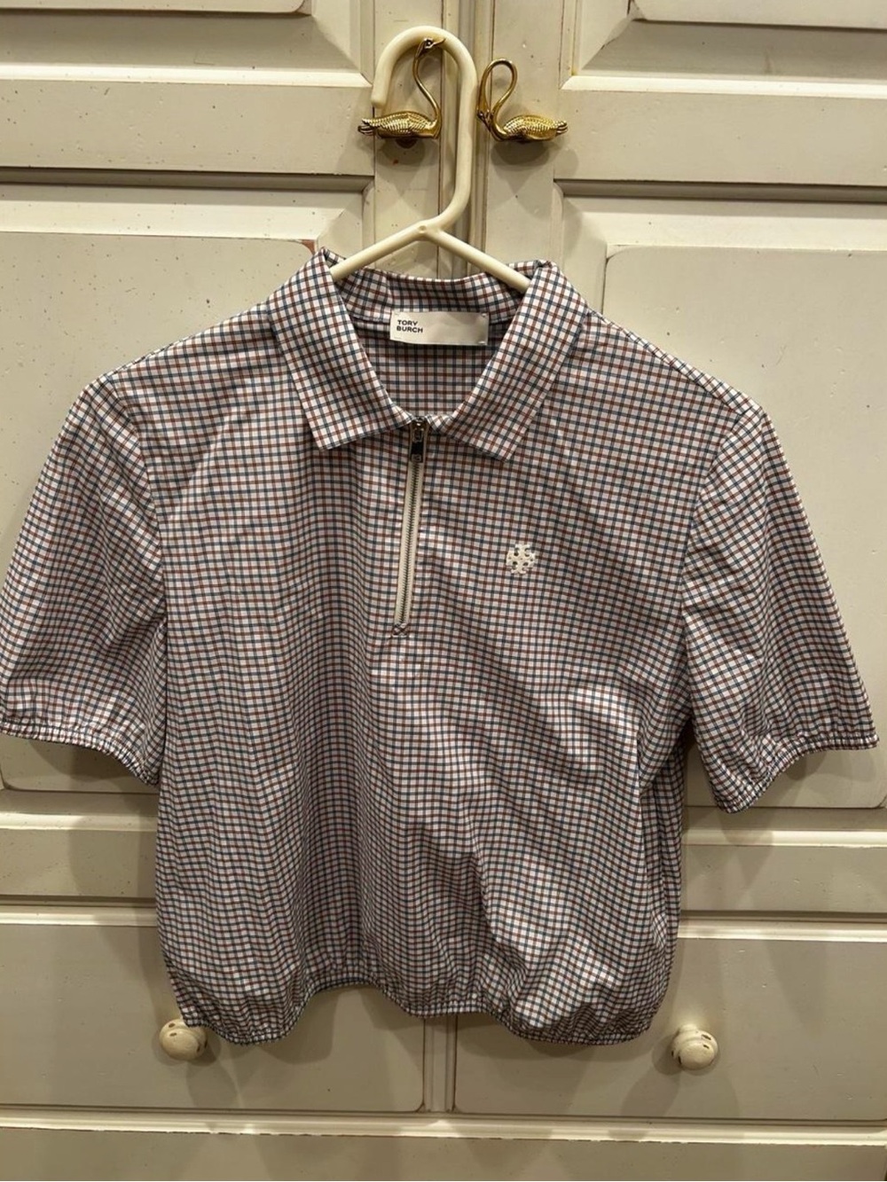 Tory Burch Short-Sleeve Zip Quarter Top - multicolored plaid
